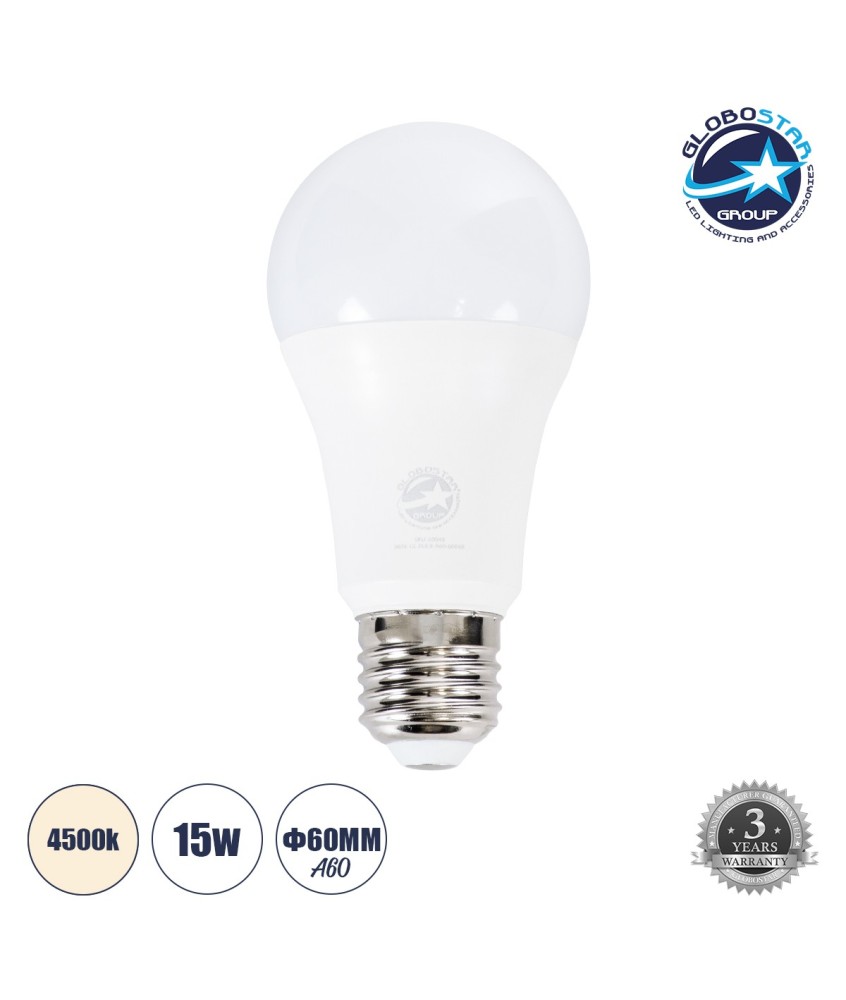 GLOBOSTAR® GLOBE 60034 Λάμπα E27 A60 LED 15W 1455lm 260° AC 220-240V IP20 Φυσικό Λευκό 4500K - Lumileds SMD Chip - Λευκό Γαλακτερό - Μ6 x Π6 x Υ11.9cm - 3 Χρόνια Εγγύηση